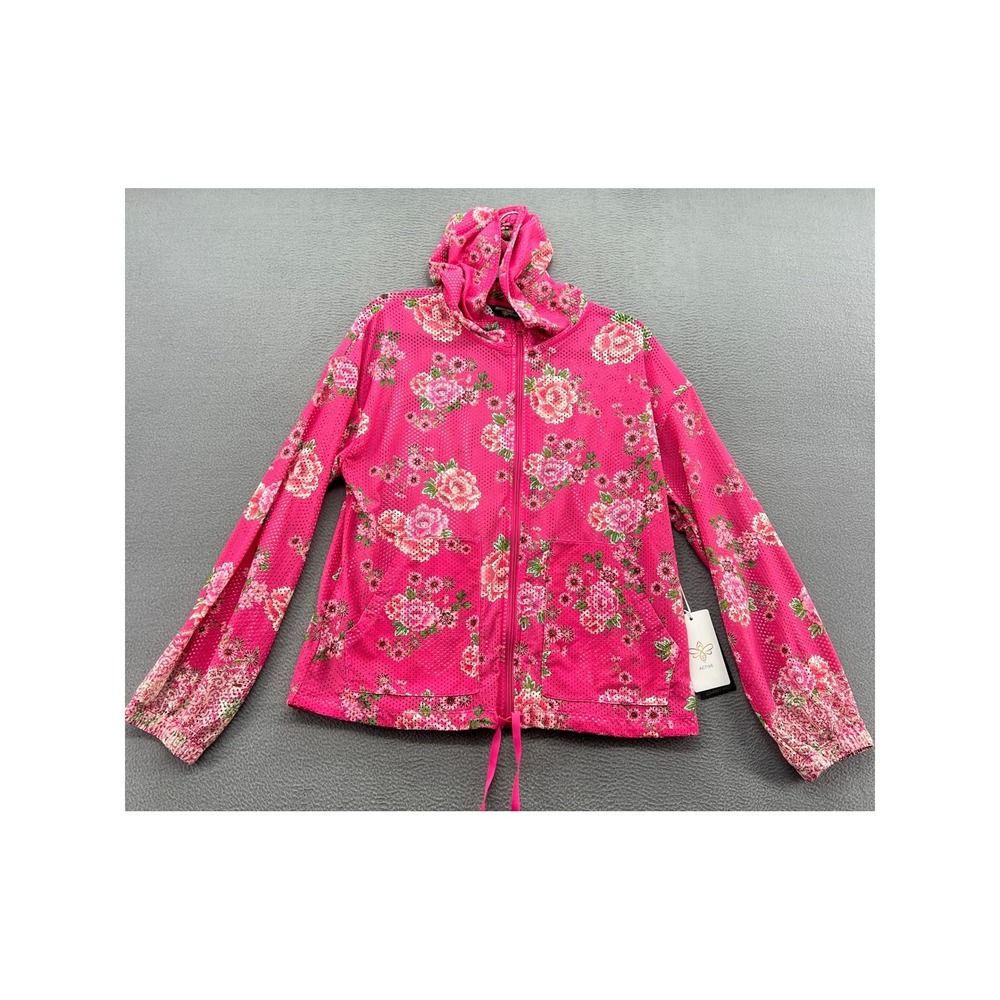 Johnny Was Active Jacket Women's L Pink Lace Floral Mesh Bee Patch Pocket Zip